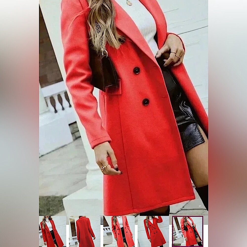 Red Elegant Women's Turndown Collar Long Sleeve Double-Breasted Knitted Coat